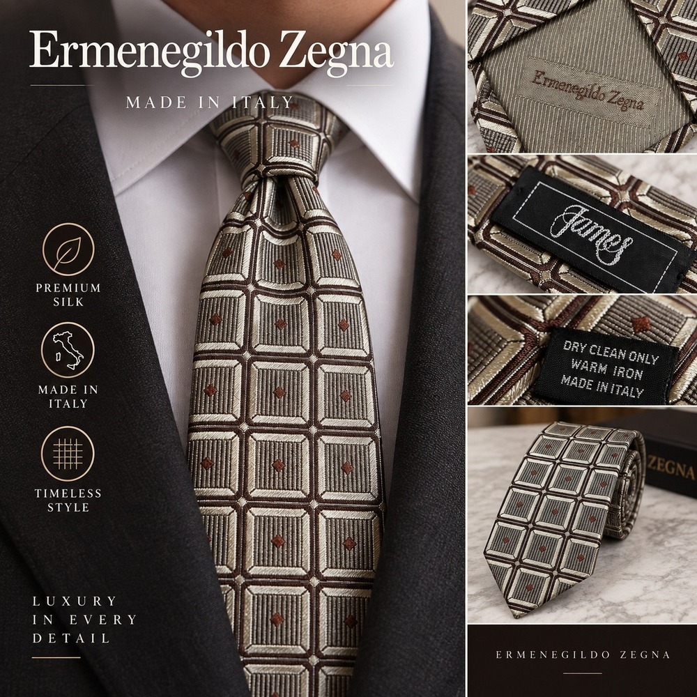 Ermenegildo Zegna Geometric Square Mens OS Beige Silk Italian Luxury Tie